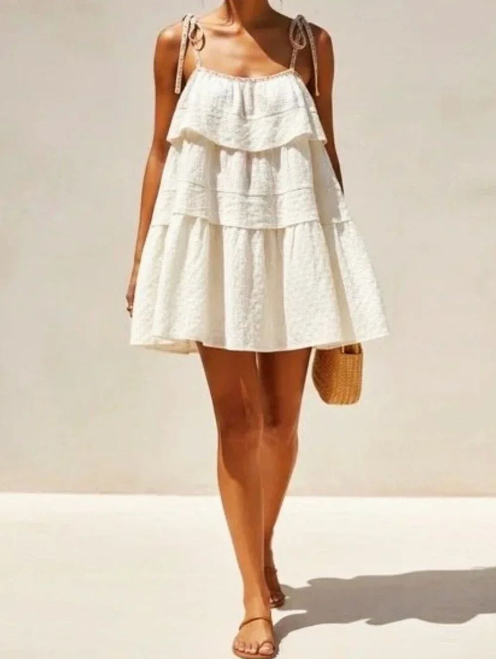 POL Cotton Linen Women's Cream Tiered Tie-Shoulder Tank Top or Mini Dress NEW